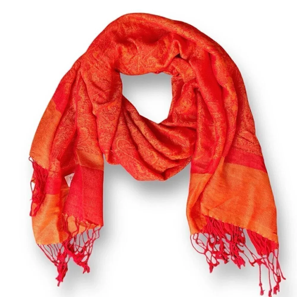 Womens Pashmina Silk Scarf Orange Red Paisley Boho Fringe Oversized Artsy
